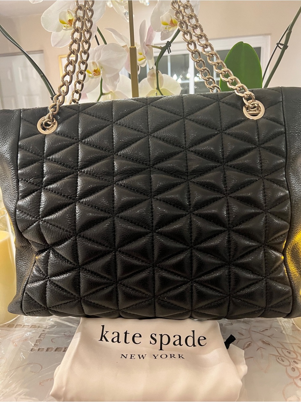 Kate Spade Black Quilted Leather Chain Shoulder Bag Gold Hardware Dust Bag - Picture 6 of 9